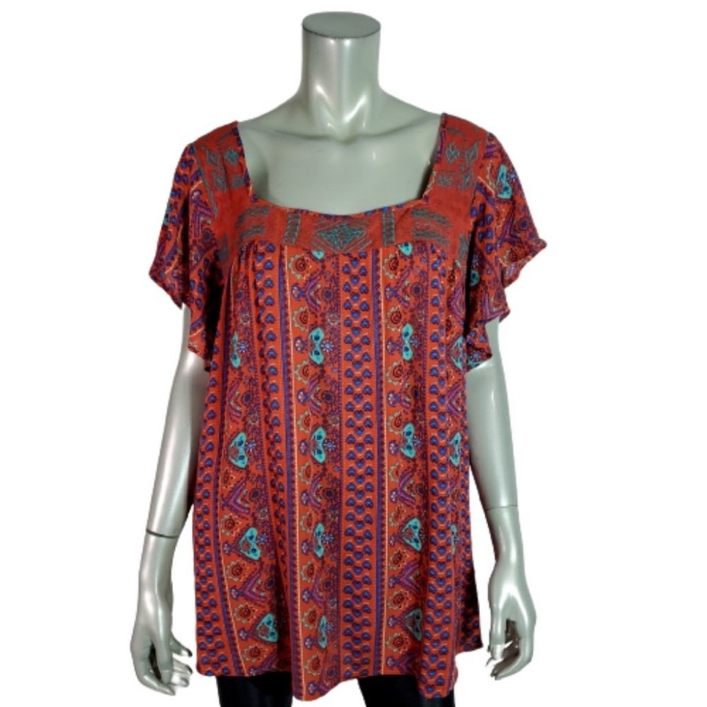 Torrid Top Plus Size 2X Embroidered Gauze Square Neck Pullover Casual Red